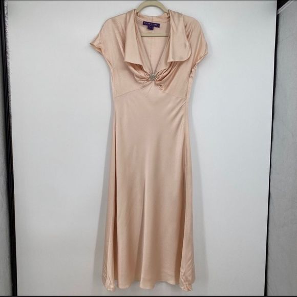 Ralph Lauren Dresses & Skirts - Ralph Lauren Gathered Silk Champagne Plunging Dress Short Sleeves Collared Gown